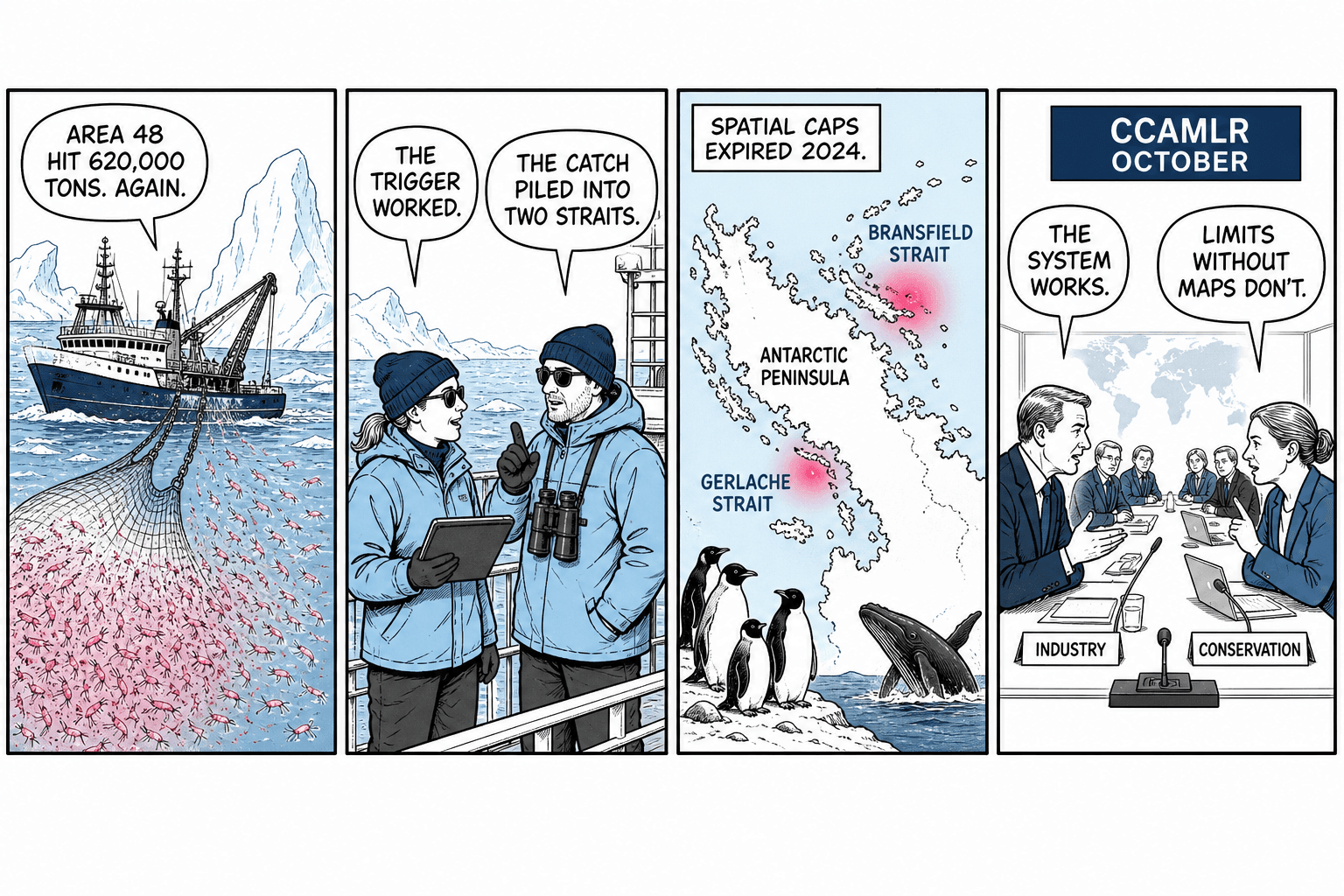 Four-panel comic. A trawler hauls krill (Area 48 hit 620,000 tons again); two researchers argue trigger vs concentrated catch; a map marks Bransfield and Gerlache; a CCAMLR table splits industry and conservation.