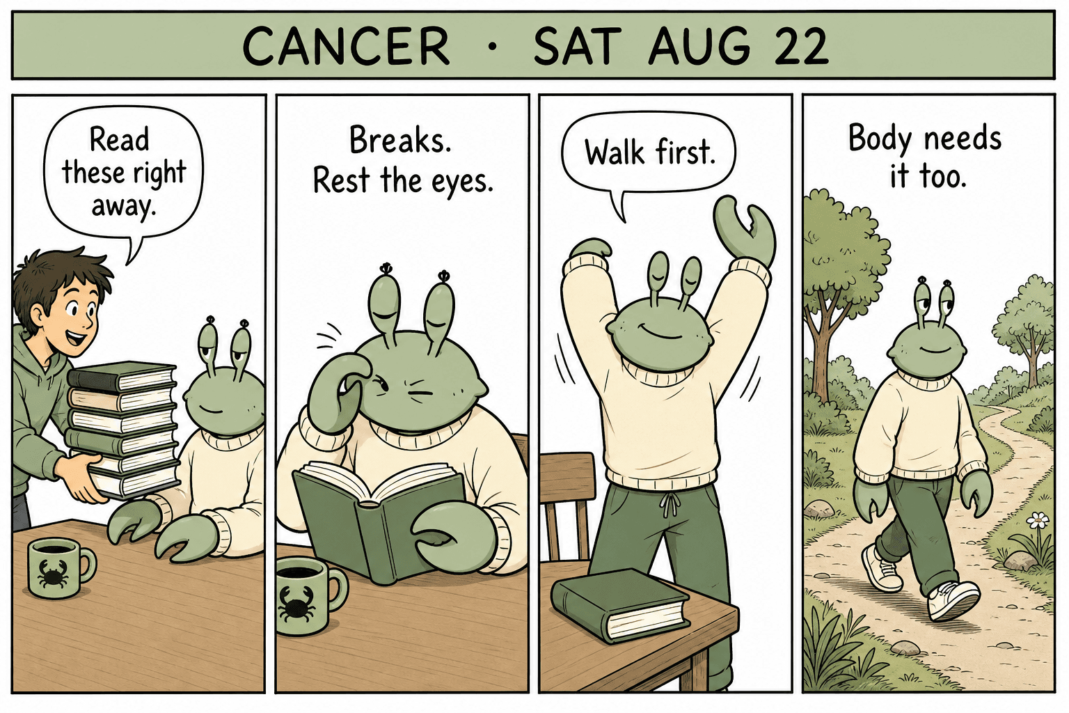 Four-panel Cancer comic. Crab is handed books, rests its eyes, stretches, walks a path.