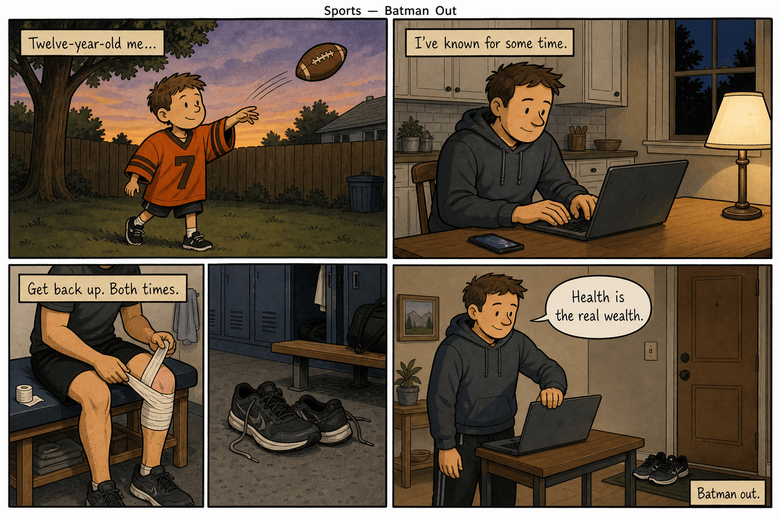 Four-panel comic. A kid throws a football at dusk; an adult types at a kitchen table; a knee wrap on a training table; he closes a laptop and says health is the real wealth.
