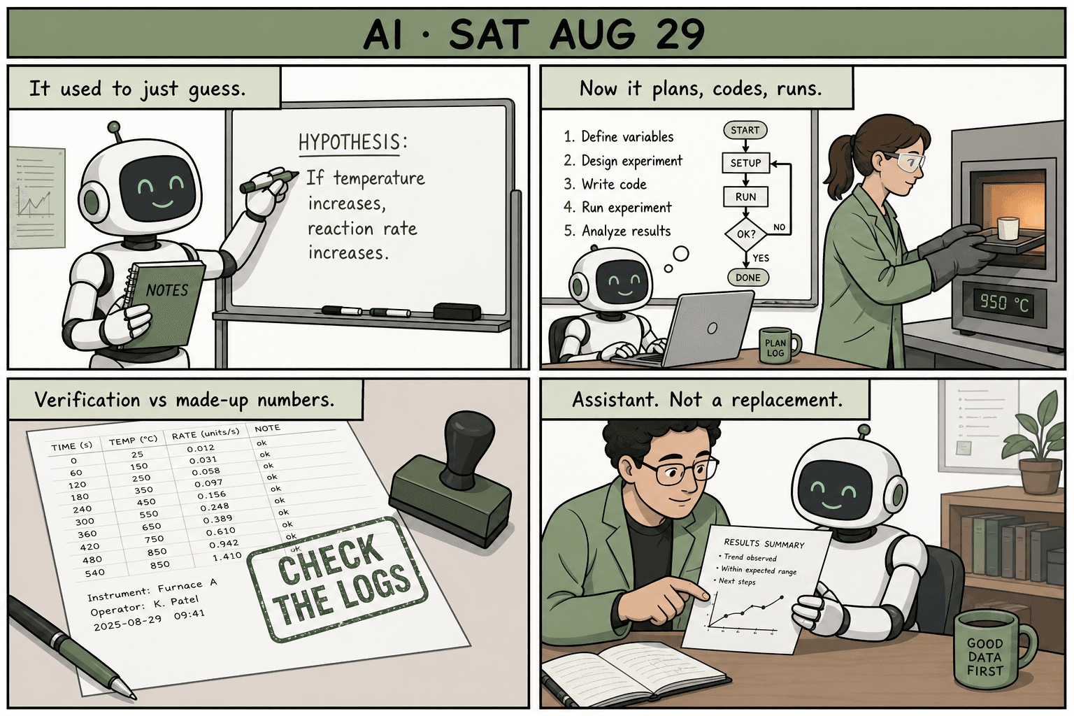 Four-panel comic: a lab robot writing a hypothesis, then coding while a human loads a furnace, a CHECK THE LOGS stamp on a data sheet, robot and scientist reading a results page together.