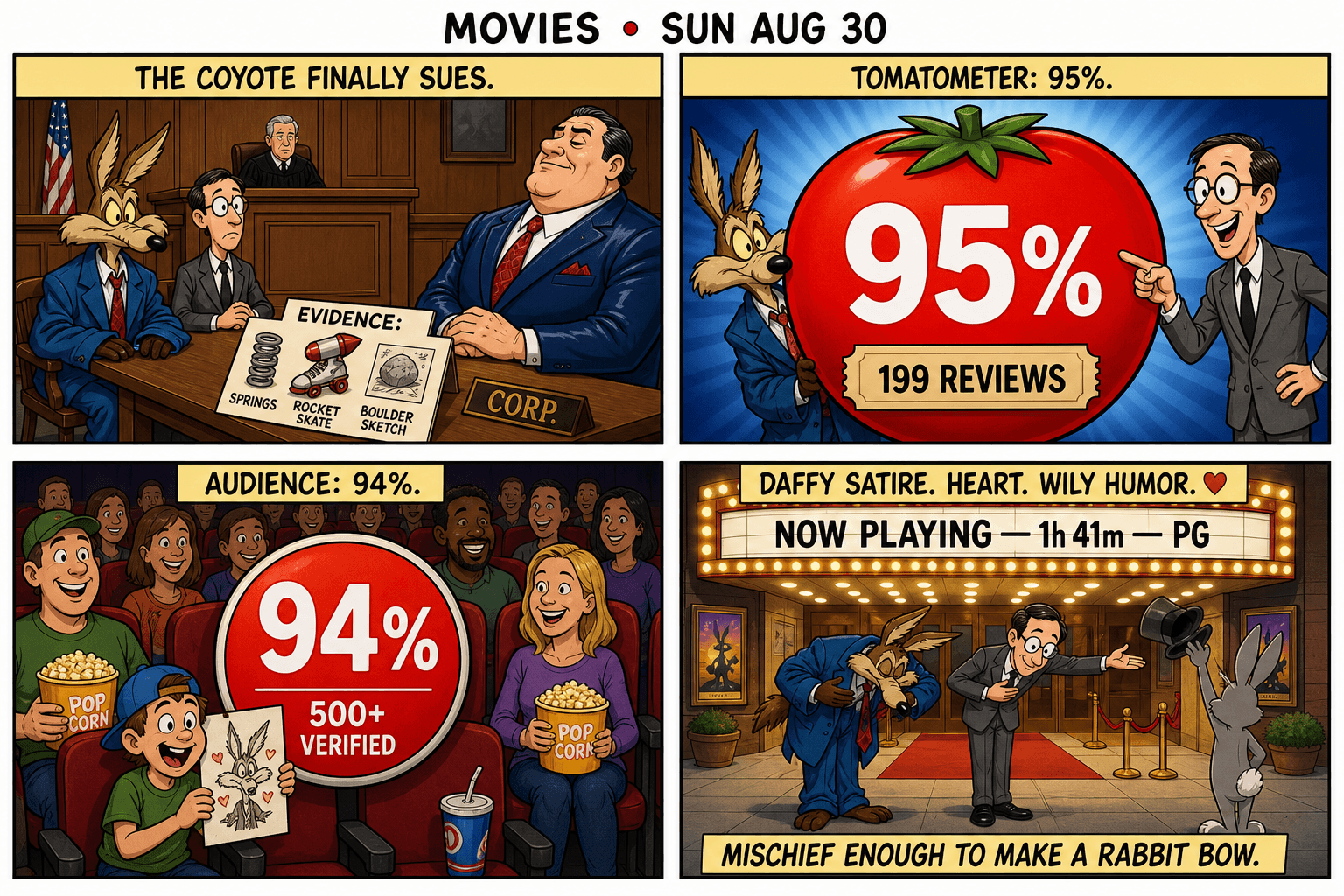 Four-panel comic: a coyote in a courtroom with a lawyer, a tomato meter reading 95 percent, an audience meter reading 94 percent, the coyote and lawyer taking a bow under a movie marquee.
