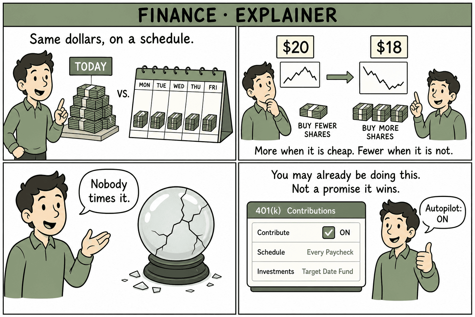 Four-panel explainer comic comparing a lump-sum pile to equal calendar piles, buying more shares at $18 than at $20, a cracked crystal ball, and a 401k contribution set to every paycheck.