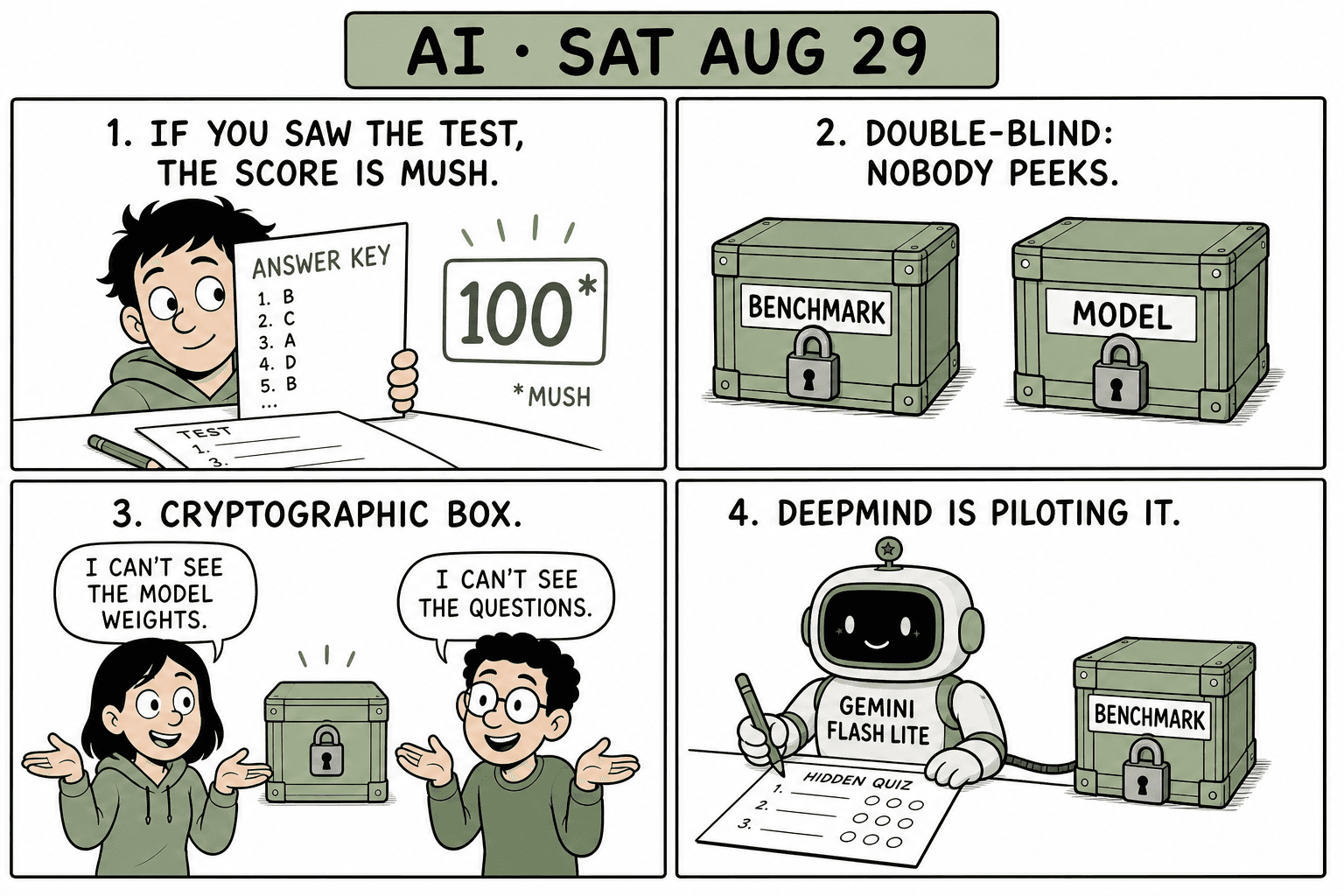 Four-panel comic: a student with an answer key and a 100-star score marked mush, two locked boxes labeled benchmark and model, two people who cannot see each other’s secrets, a small Gemini Flash Lite robot taking a hidden quiz.