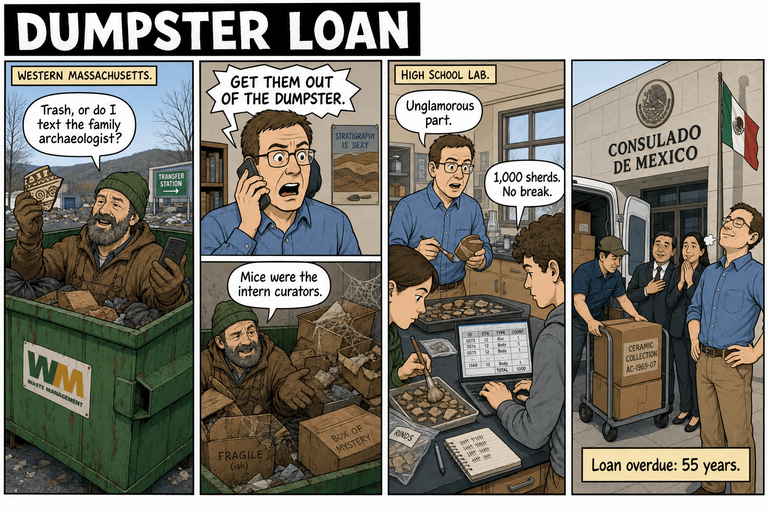 Four-panel comic. An uncle finds shards in a dumpster; Pilver tells him to get them out; a high school lab catalogs 1,000 sherds; boxes unload at the Mexican consulate.