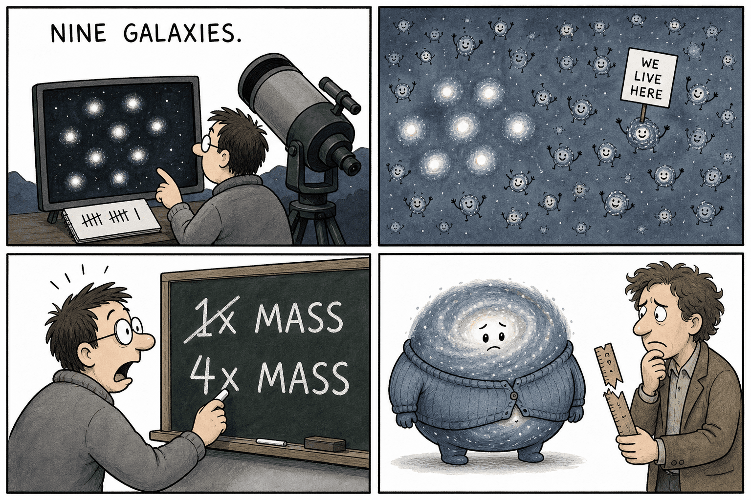 Four-panel comic. A scientist counts nine galaxies; tiny dim stars wave “we live here”; the chalkboard goes from 1× mass to 4×; a galaxy squeezes into a too-small sweater.