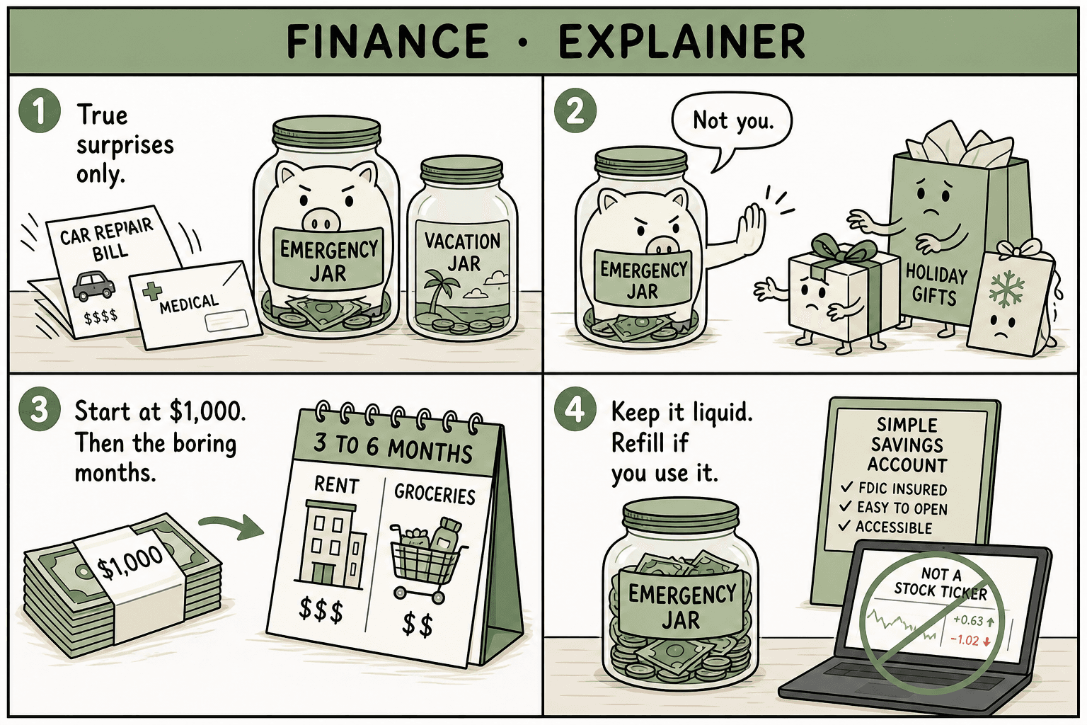 Four-panel explainer comic: an emergency jar next to a vacation jar, holiday gifts getting turned away, a $1,000 stack pointing at three to six months of rent and groceries, a simple savings account that is not a stock ticker.