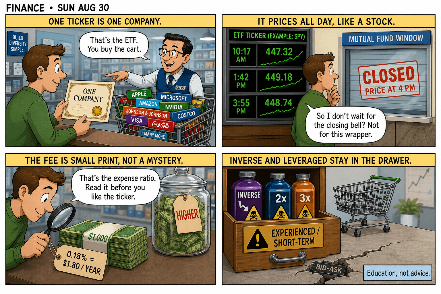 Four-panel explainer comic: a single stock ticker next to a shopping cart of many names, a clock that prices the cart all day unlike a mutual-fund once-a-day stamp, a $1,000 pile with a $1.80 fee tag, and inverse and leveraged ETFs locked in a warning drawer.