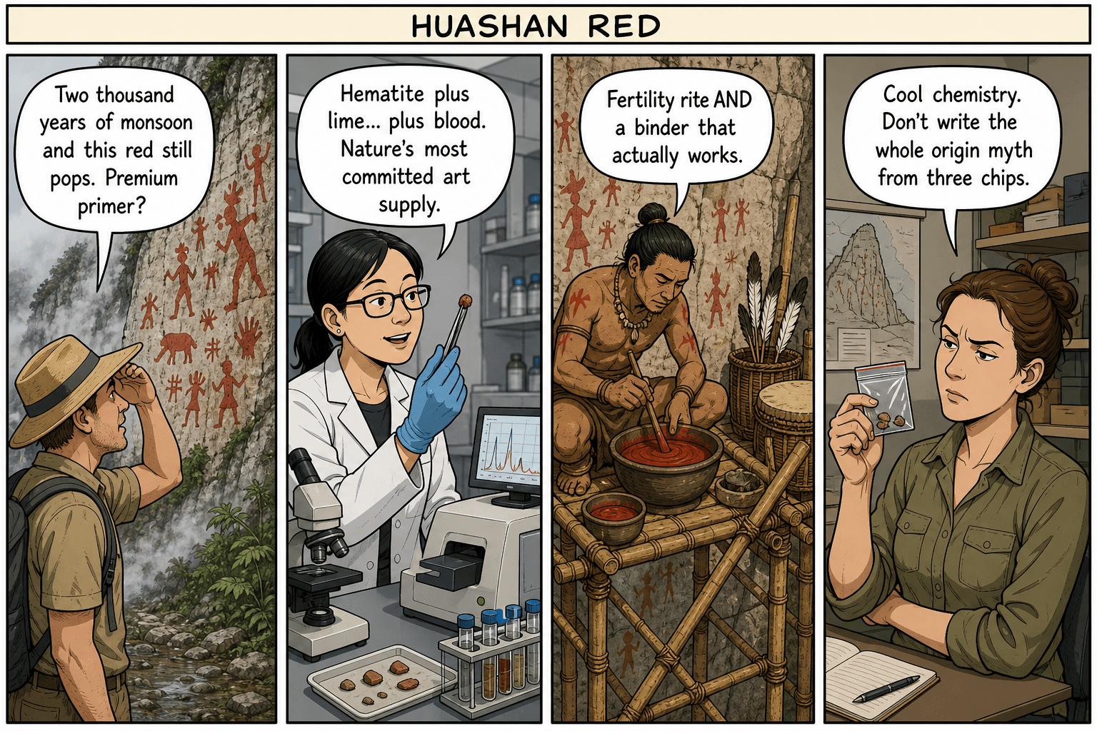 Four-panel comic. A tourist squints at red cliff paintings; a lab IDs hematite, lime, and blood; an ancient painter mixes binder; a skeptic holds three sample chips.
