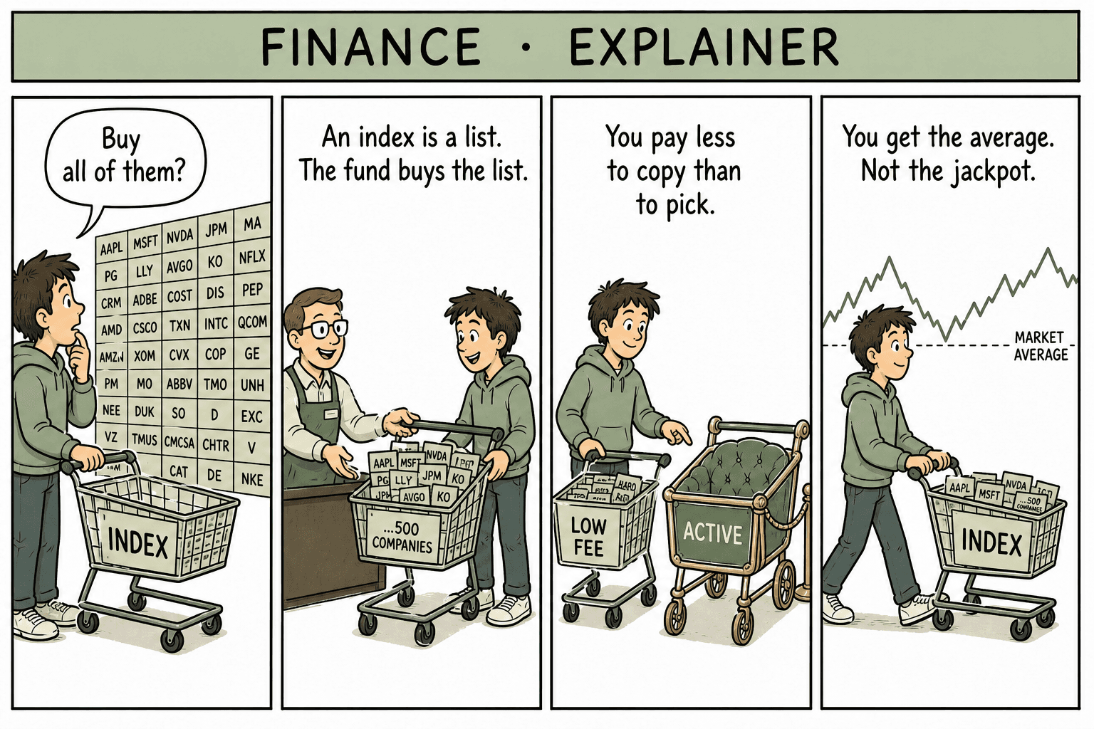Four-panel explainer comic comparing an index-fund shopping cart to picking every stock on the wall, then choosing a low-fee cart and walking off with the market average.