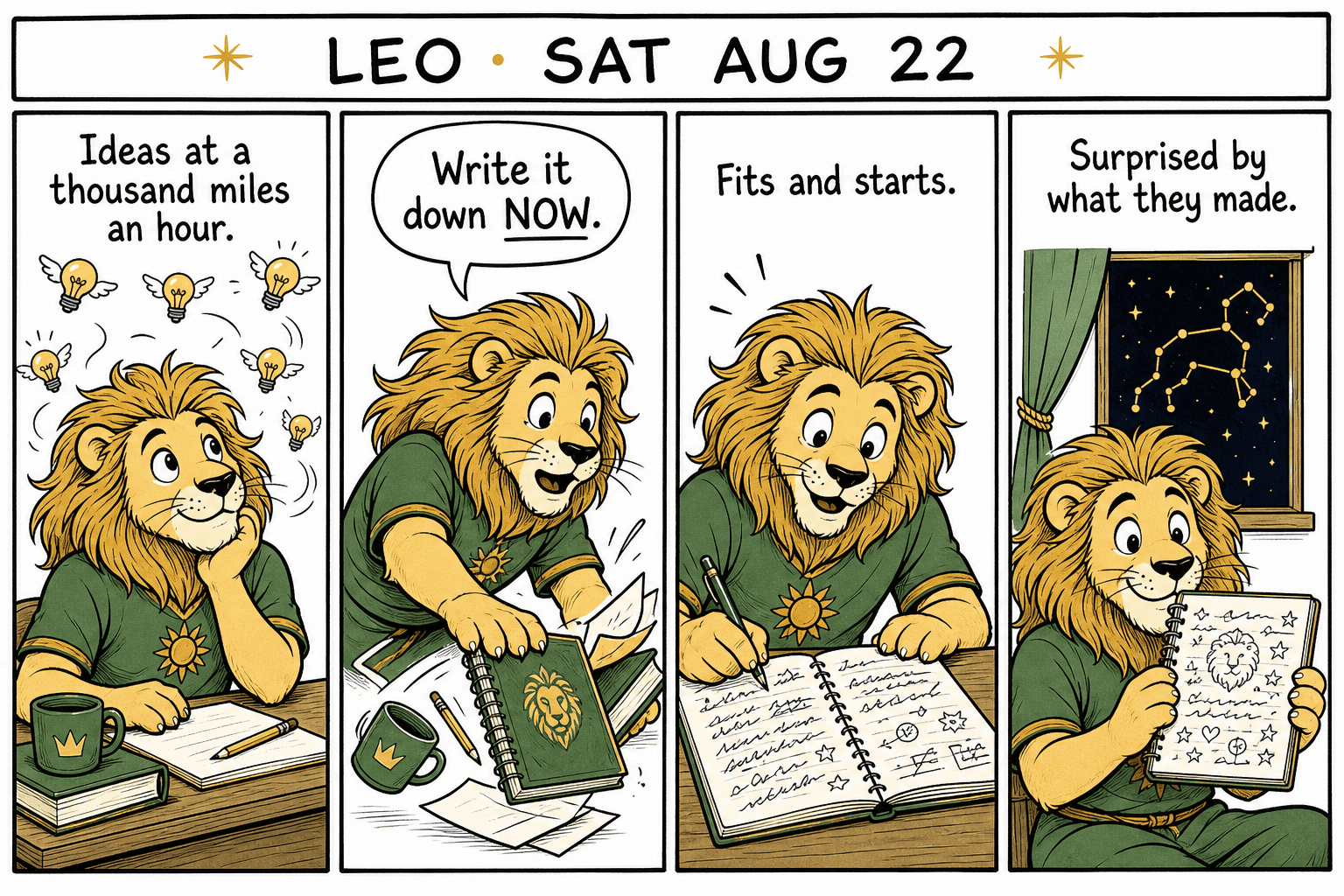 Four-panel Leo comic. Lion at a desk with flying lightbulbs, grabs a notebook, writes, holds up the page.