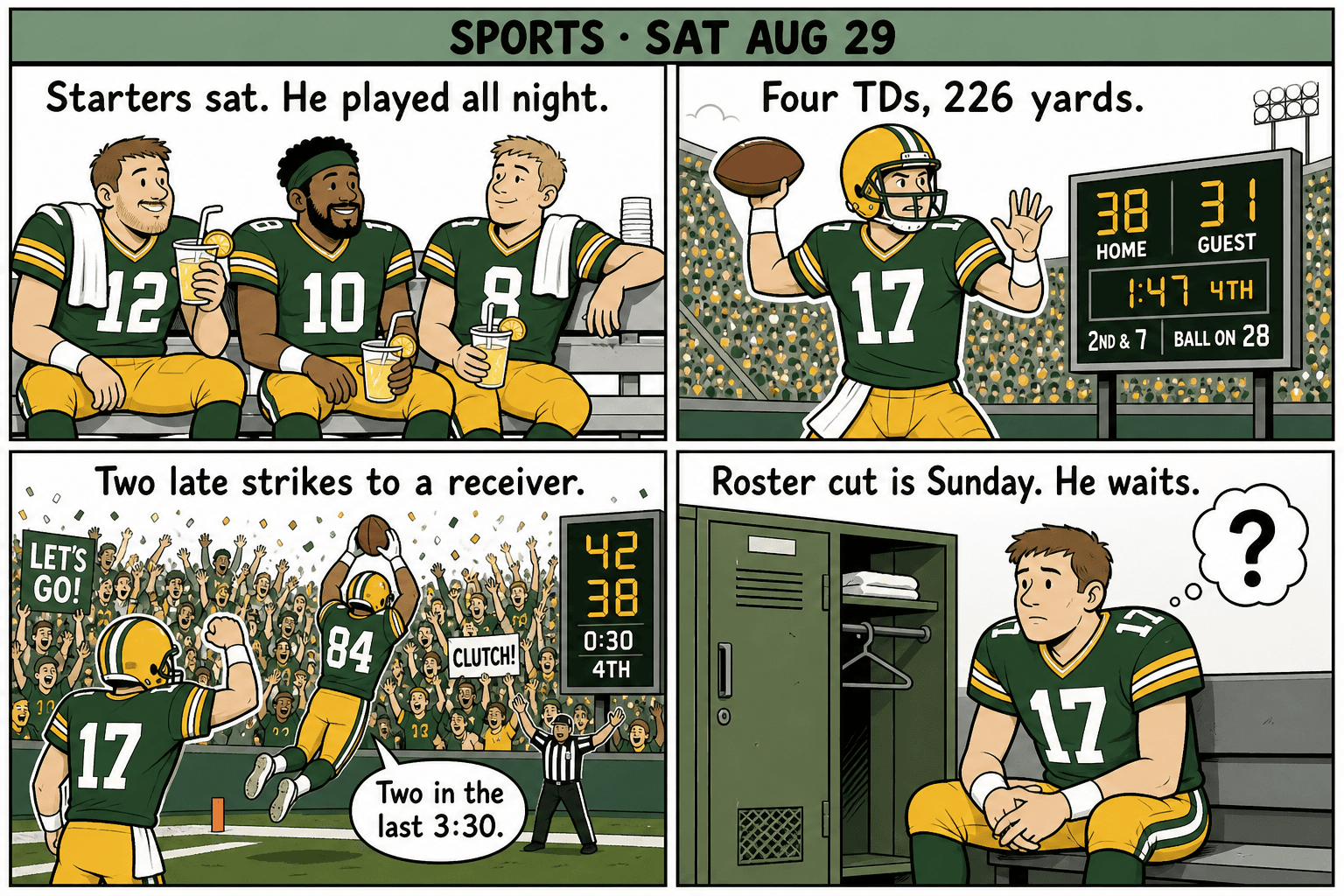 Four-panel comic about a Packers backup quarterback who plays an entire preseason finale, throws four touchdowns in a 42-38 comeback, then waits in a locker room for roster cuts.
