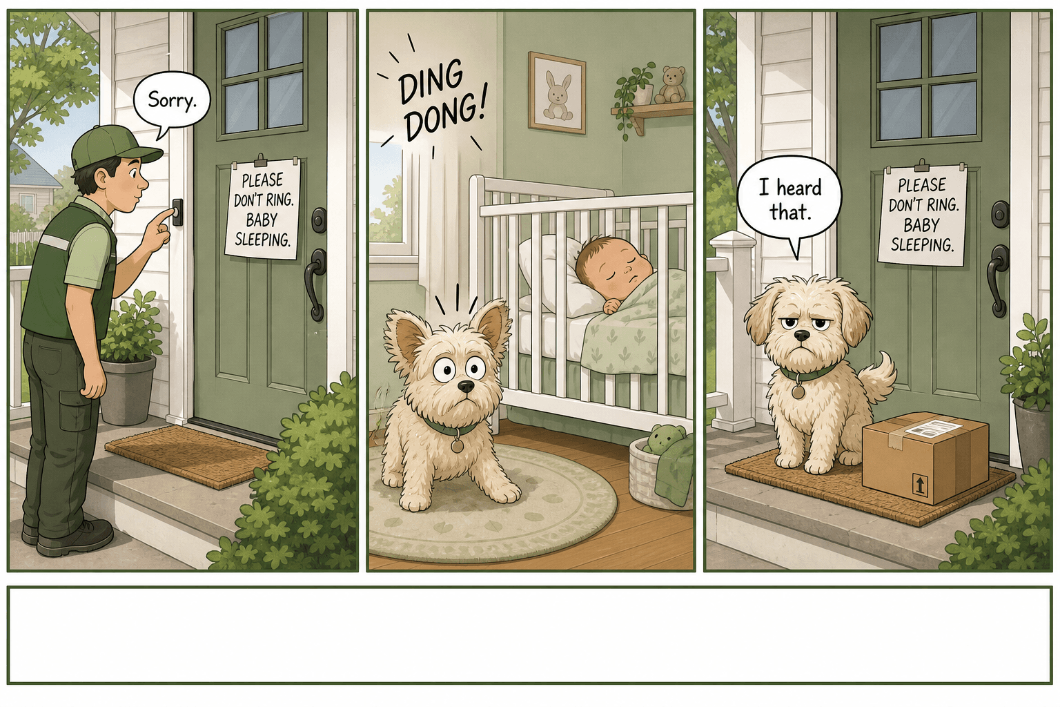 Neighborhood Watch comic strip: Saturday shift, sleeping baby, alert dog