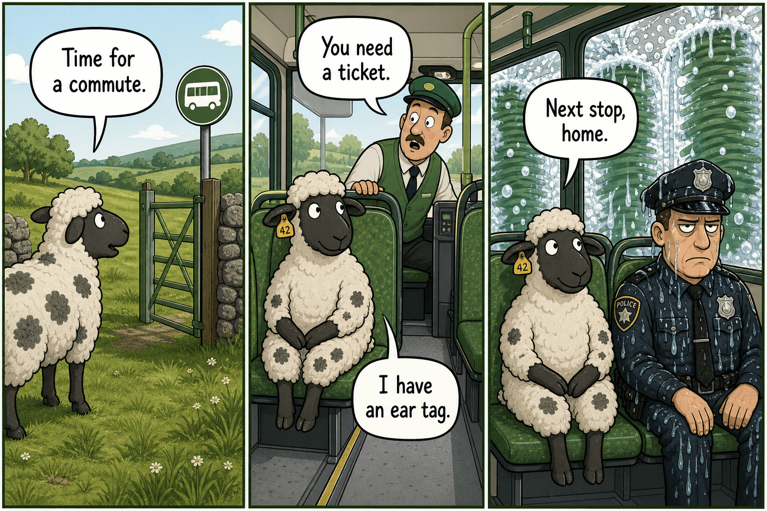 Three-panel comic. Spotted sheep leaves a pasture, sits on a bus with an ear-tag joke, rides a bus wash next to a soaked officer.