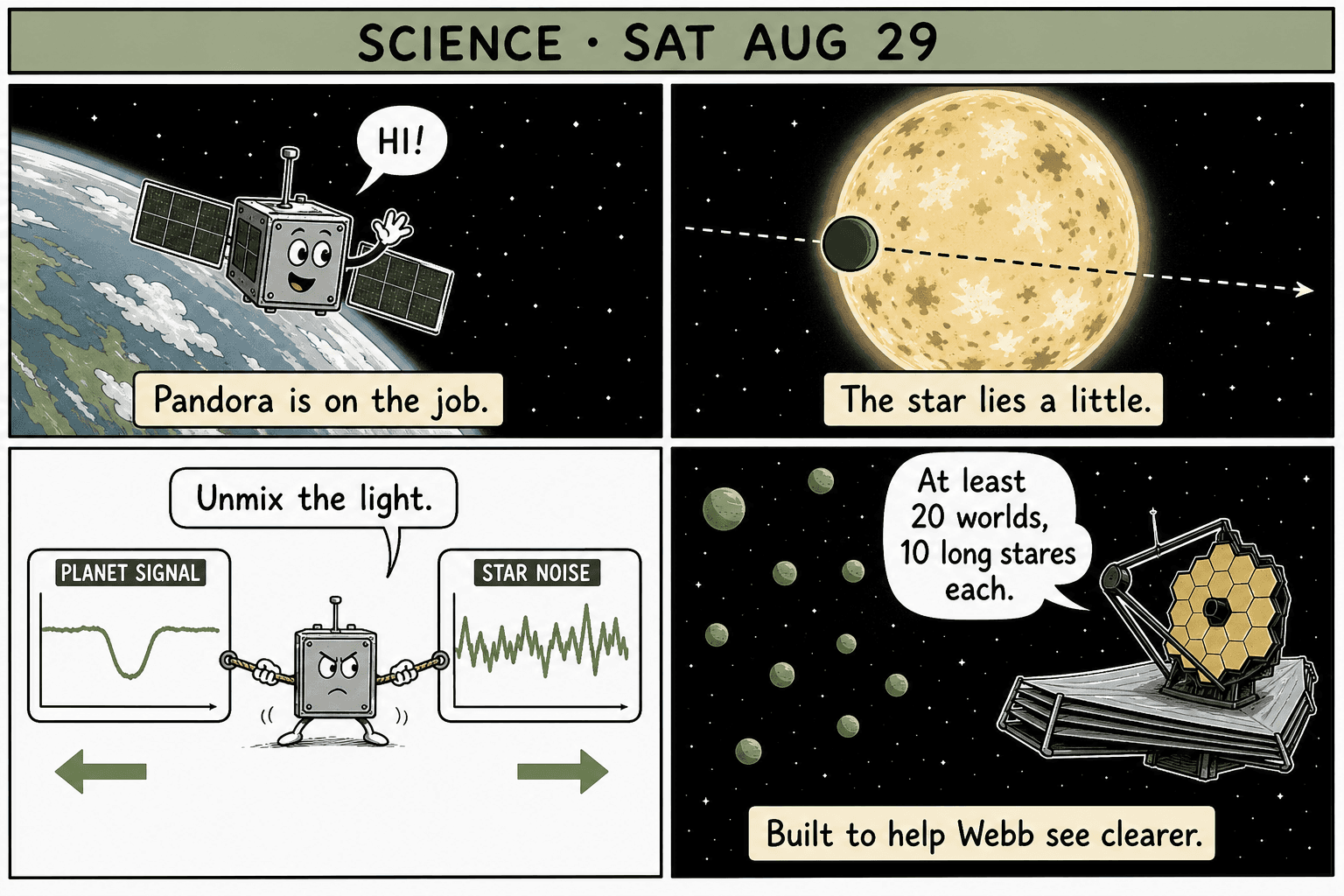 Four-panel science comic: a friendly small satellite in orbit, a spotted star with a transiting planet, graphs of planet signal versus star noise being pulled apart, then many worlds lined up to help the James Webb Space Telescope.