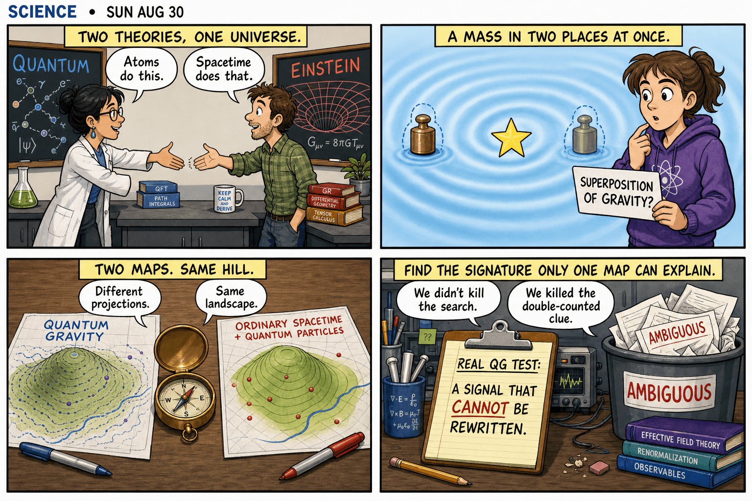 Four-panel science comic: quantum mechanics and Einstein’s gravity refusing to shake hands, a mass sitting in two spots at once, two different map projections of the same hill labeled quantum gravity and ordinary spacetime, and a lab bench waiting for a signature that only one description can explain.