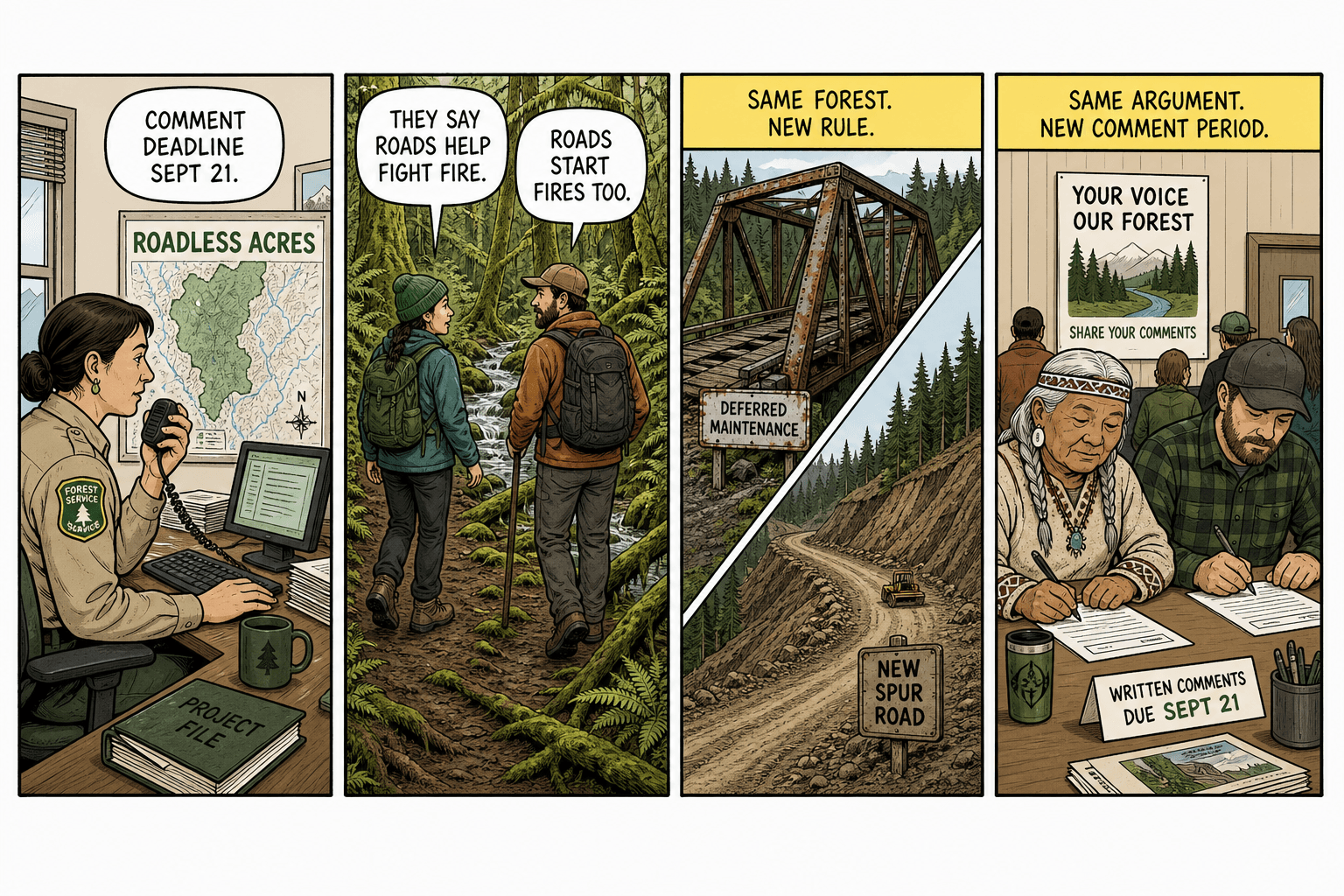 Four-panel comic. A ranger on radio says comment deadline Sept. 21; hikers argue roads and fire; a split forest shows deferred maintenance vs a new spur; a public meeting fills comment forms.