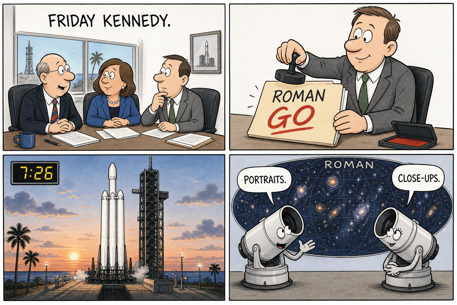 Four-panel comic. Friday review at Kennedy; a GO stamp on a Roman folder; a Falcon Heavy on the pad at 7:26; two cartoon telescopes say portraits and close-ups over a wide sky map.