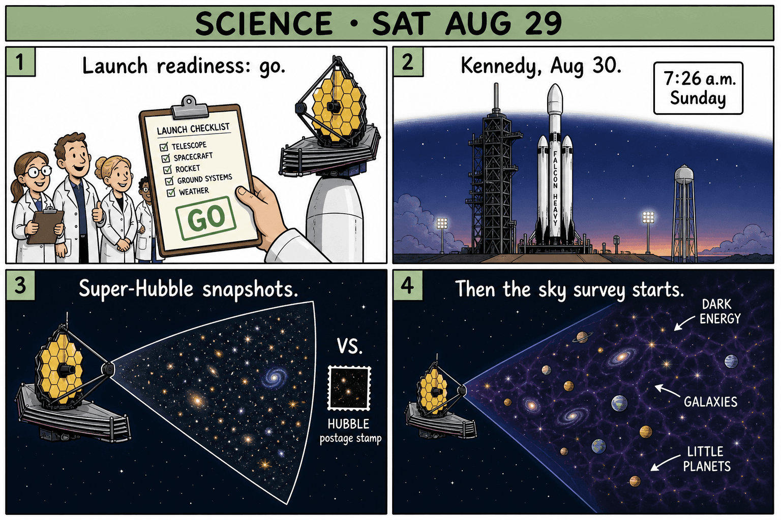 Four-panel science comic: a launch checklist stamped GO, a Falcon Heavy on the pad at 7:26 a.m. Sunday, a wide-field sky snapshot versus a tiny Hubble postage stamp, then a survey of dark energy, galaxies, and planets.