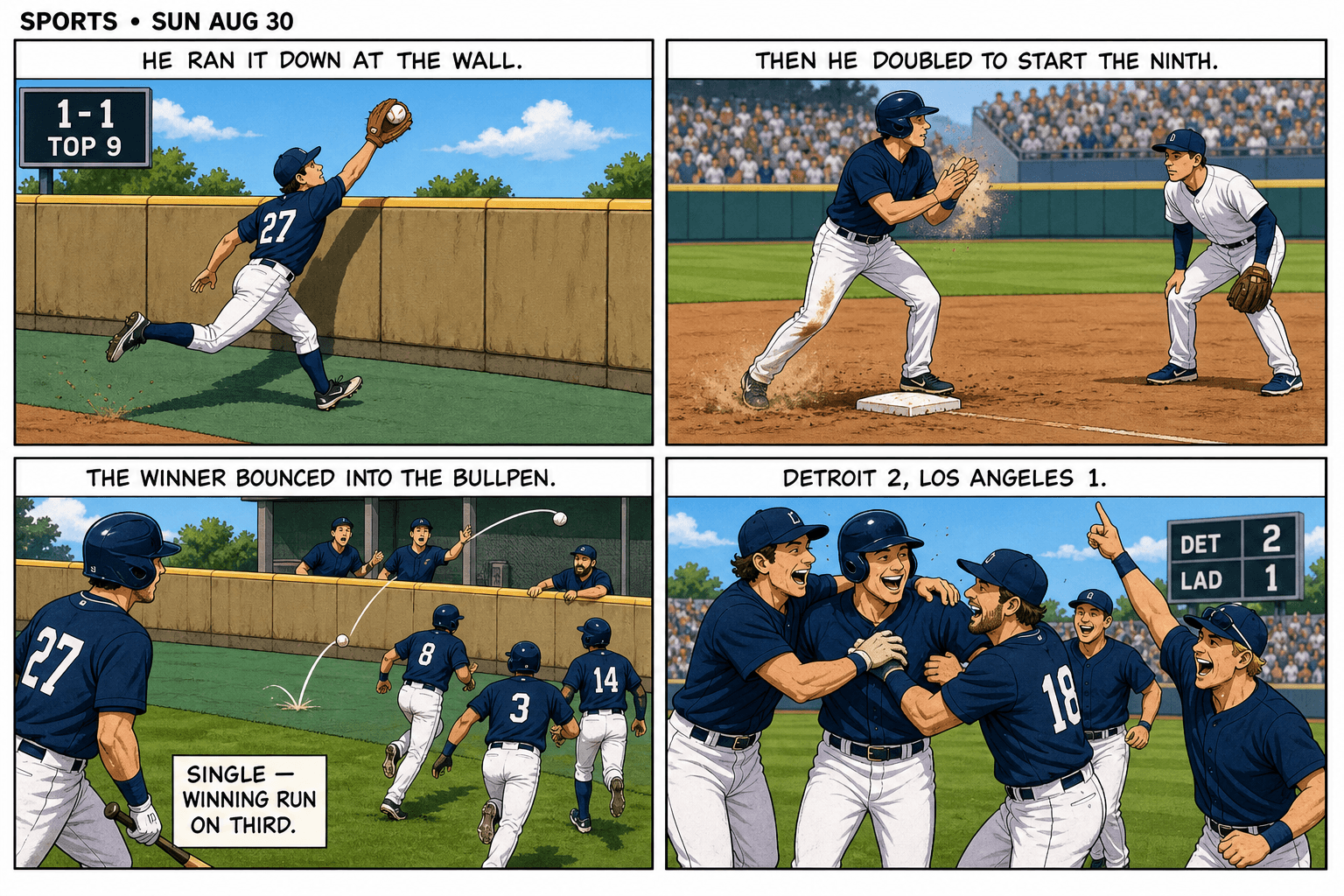 Four-panel comic: a left fielder makes a running catch at the warning track, then doubles to start the ninth, a batter’s drive bounces over the wall as a walk-off single, scoreboard reads DET 2 LAD 1.