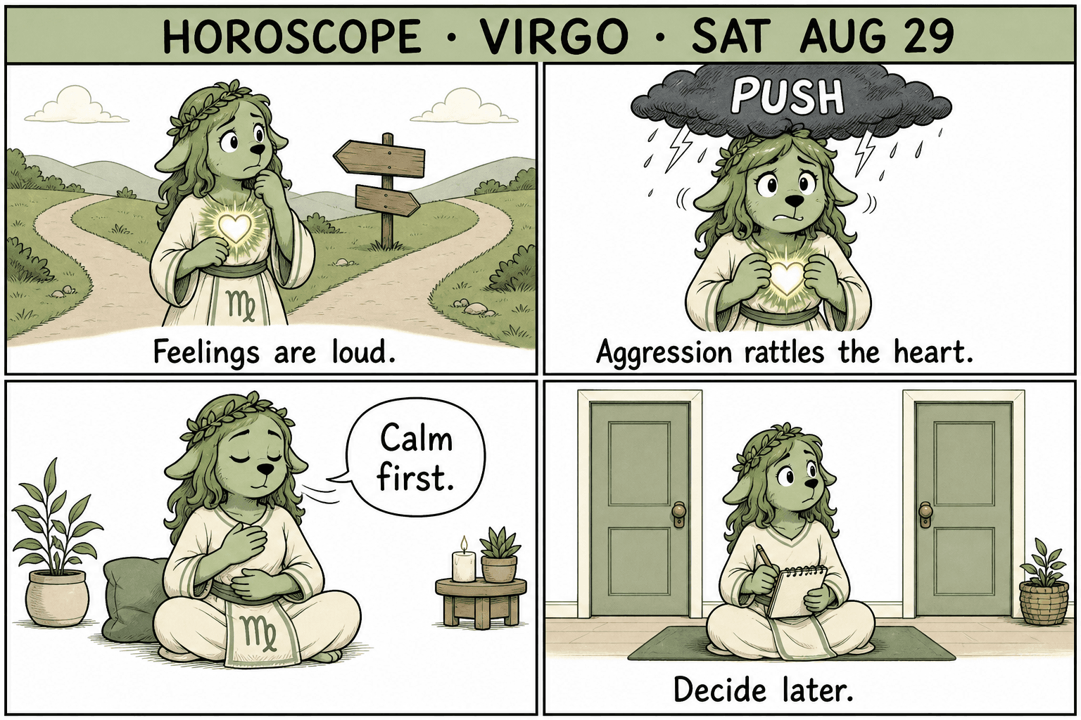 Four-panel Virgo comic: a neat green figure at a fork in the road with a glowing heart, rattled by a PUSH storm cloud, sitting to breathe, then waiting with a notebook between two closed doors.