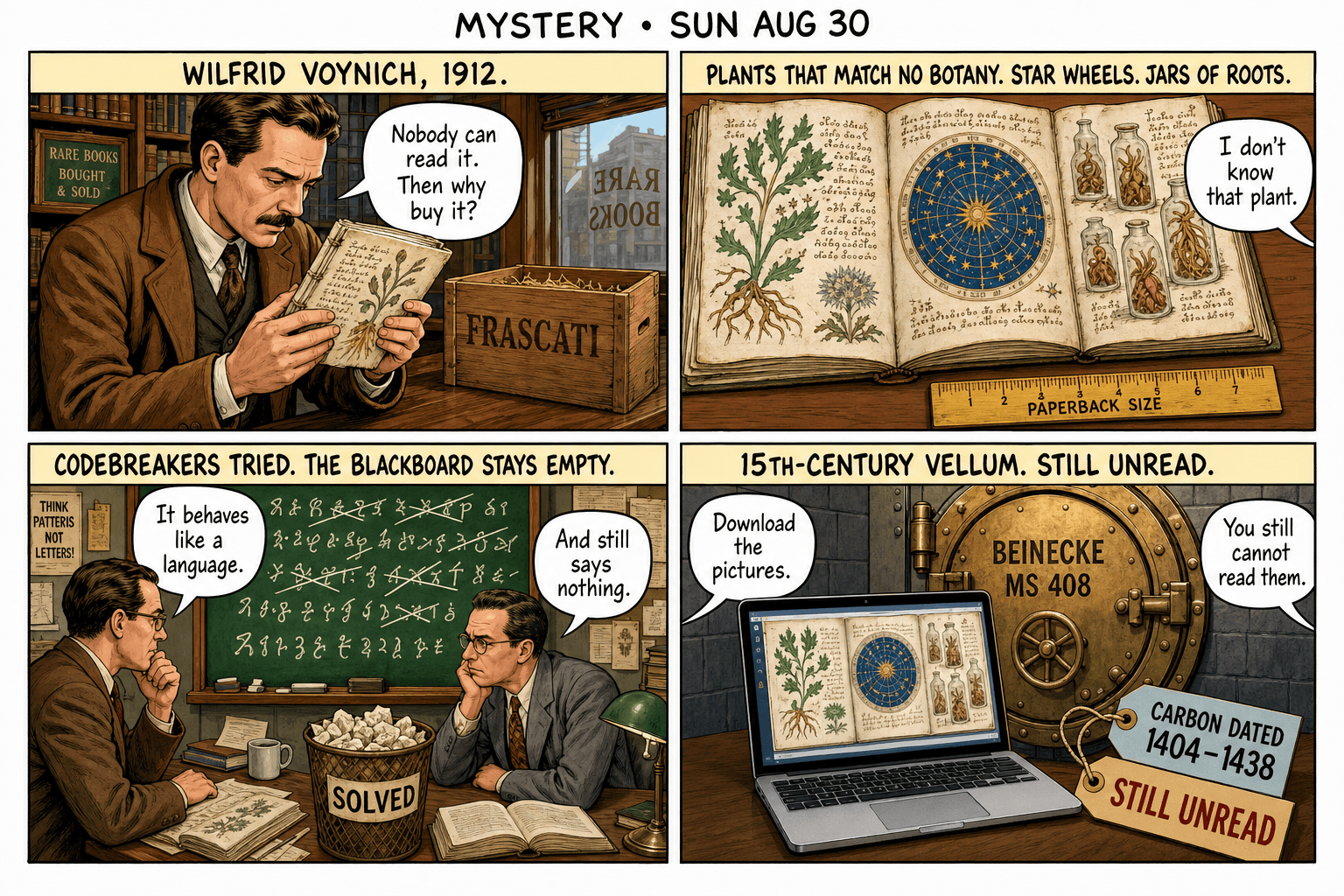 Four-panel mystery comic: a rare-book dealer with a strange codex, unidentifiable plants on a page, cryptologists at a blackboard, a Yale vault labeled still unread.