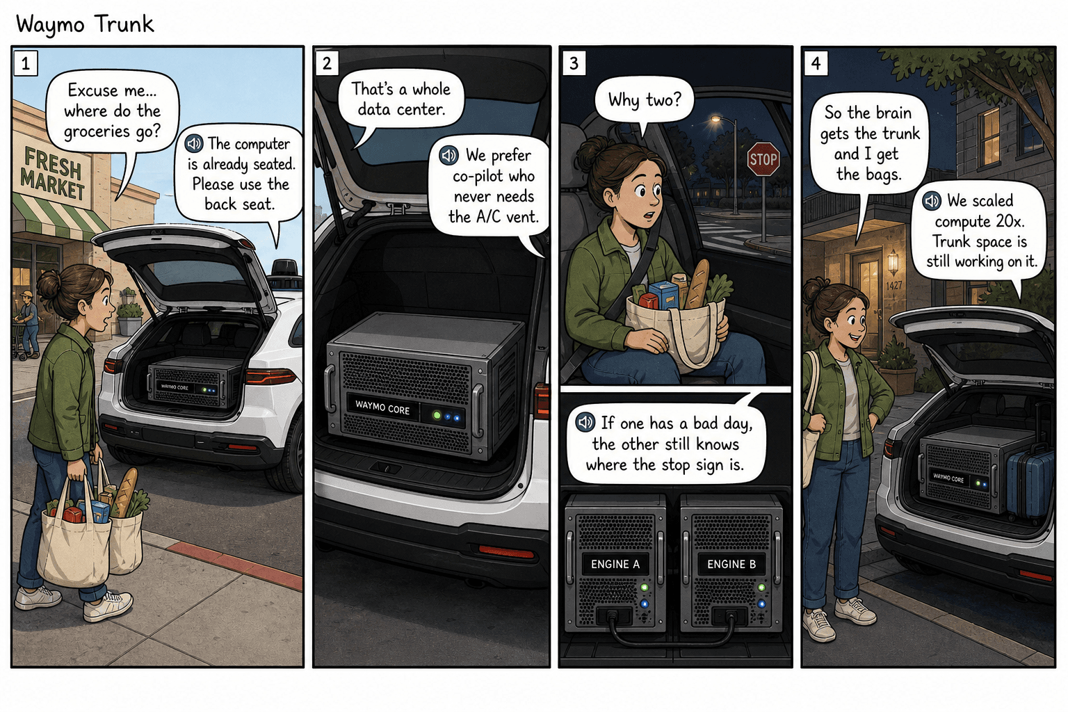 Four-panel comic. A shopper finds a computer in a Waymo trunk; close-up of the core; Engine A and Engine B; groceries stay in the back seat.