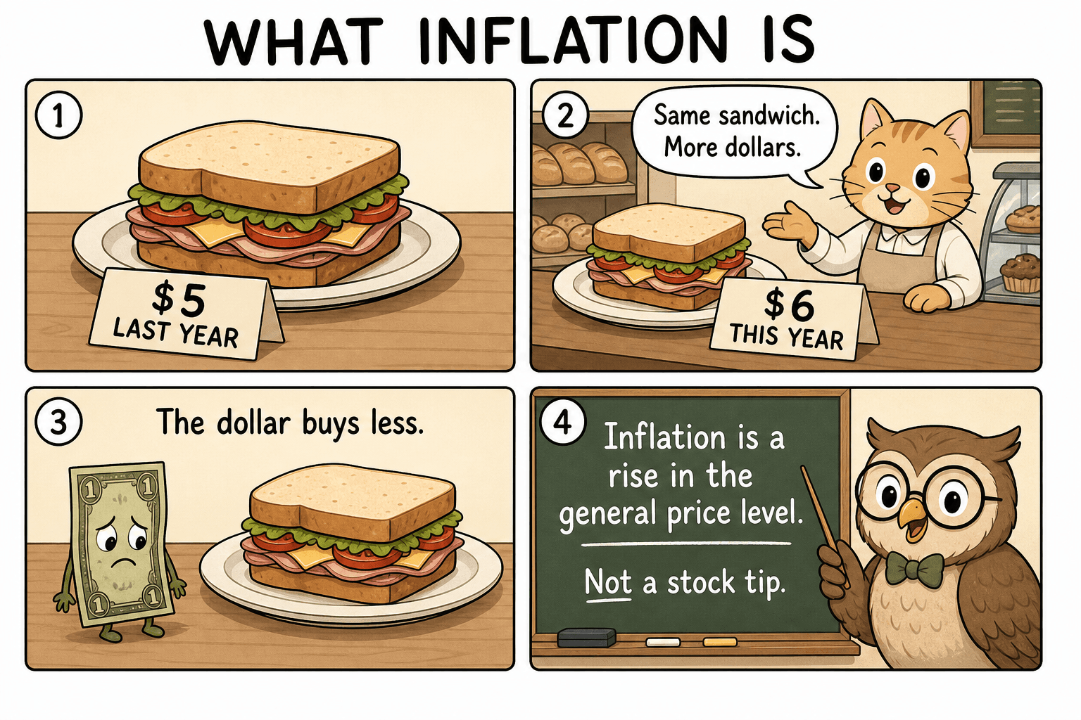 Four-panel educational comic. A sandwich tagged $5 last year and $6 this year; a sad dollar; an owl chalkboard defines inflation as a rise in the general price level.