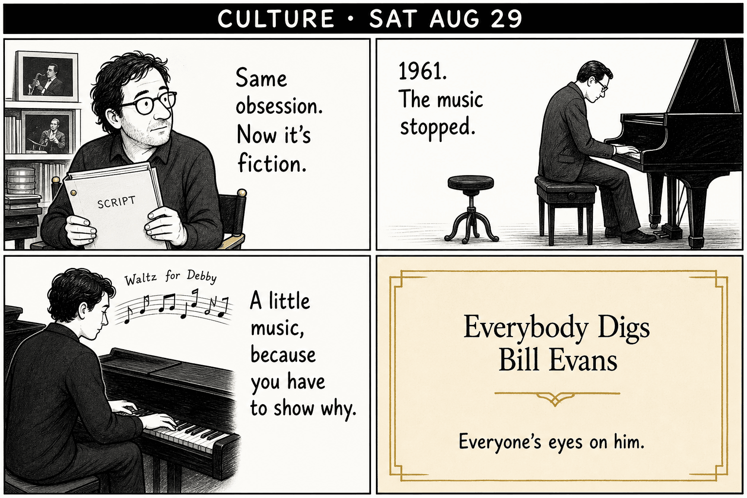 Four-panel culture comic: a director holding a script, a pianist at a silent piano beside an empty bass stool, a few bars of Waltz for Debby, a title card that reads Everybody Digs Bill Evans.