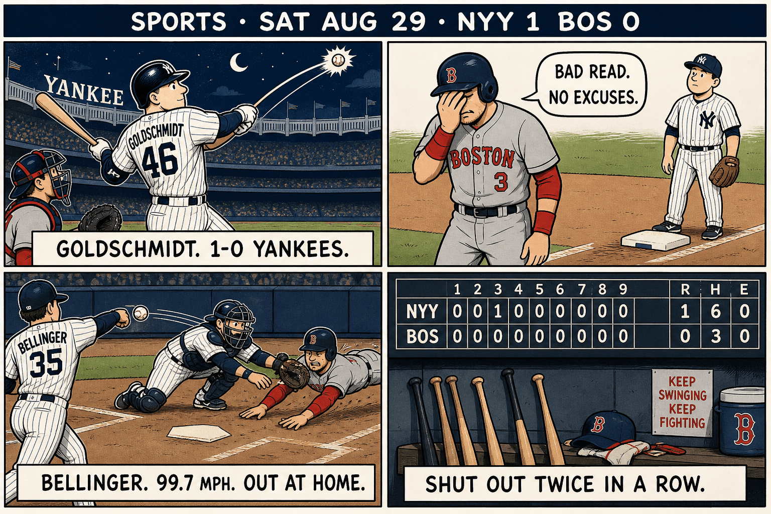Four-panel Yankees vs Red Sox comic: Goldschmidt hits a solo homer, a Red Sox runner is doubled off, Bellinger throws 99.7 mph to get the runner at home, scoreboard reads NYY 1 BOS 0.