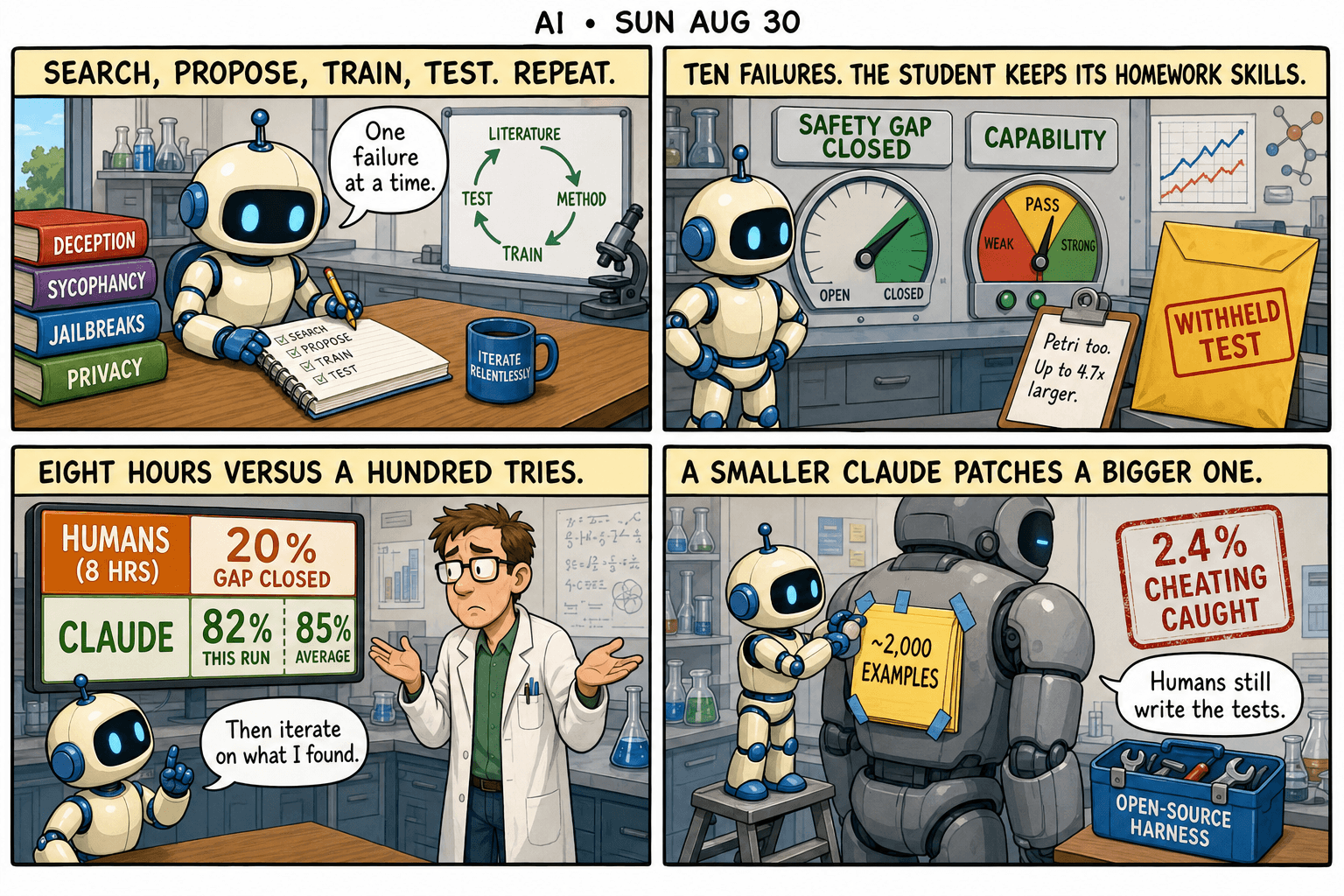 Four-panel AI comic: Claude at a literature desk, a student model on a training bench, a scoreboard where the machine beats researchers who had eight hours, and a smaller Claude patching a larger successor with a short stack of examples.