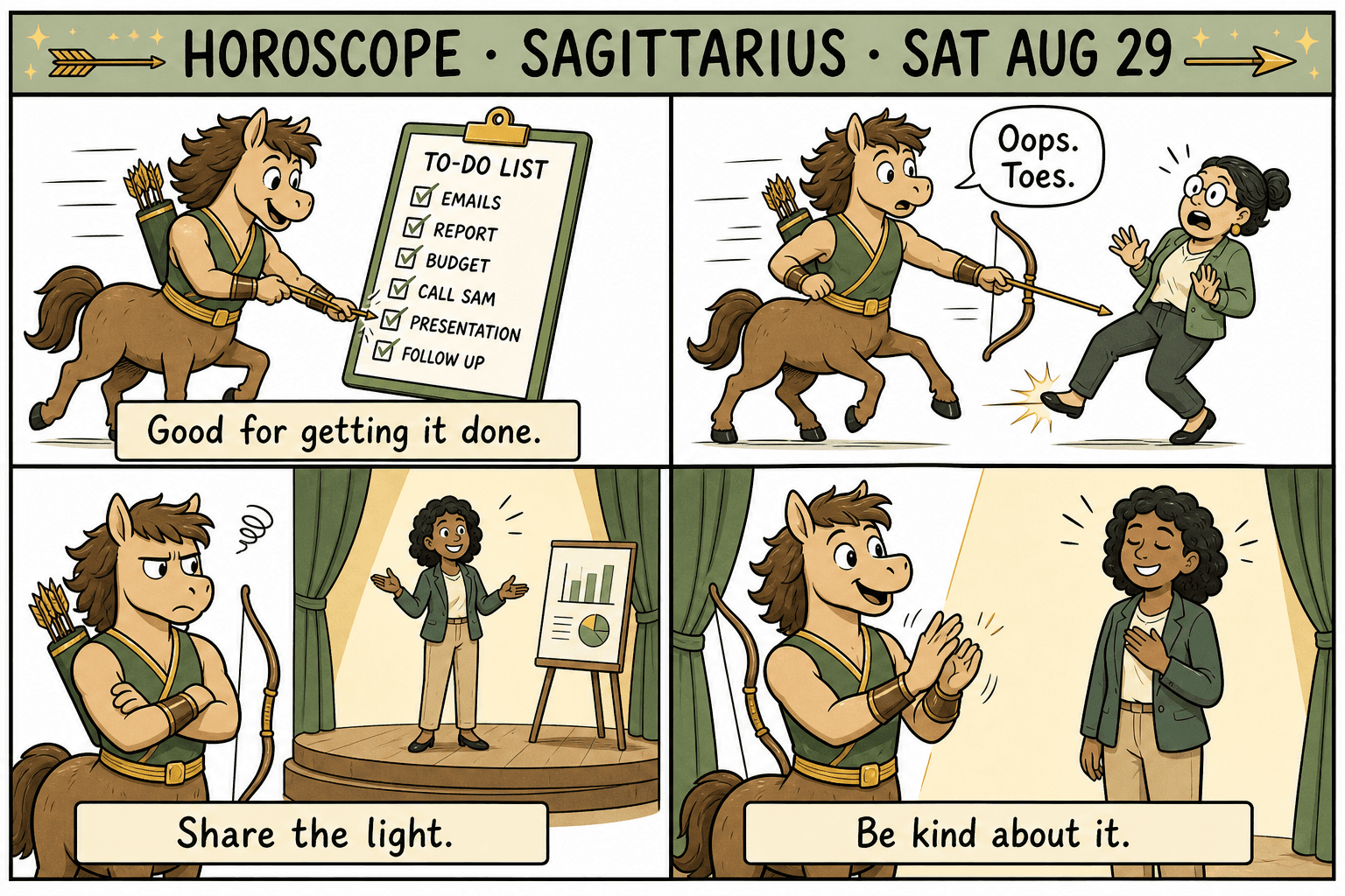 Four-panel Sagittarius comic: a cartoon archer checks off a to-do list, accidentally pokes a coworker’s shoe, looks grumpy when someone else takes the spotlight, then claps for them.