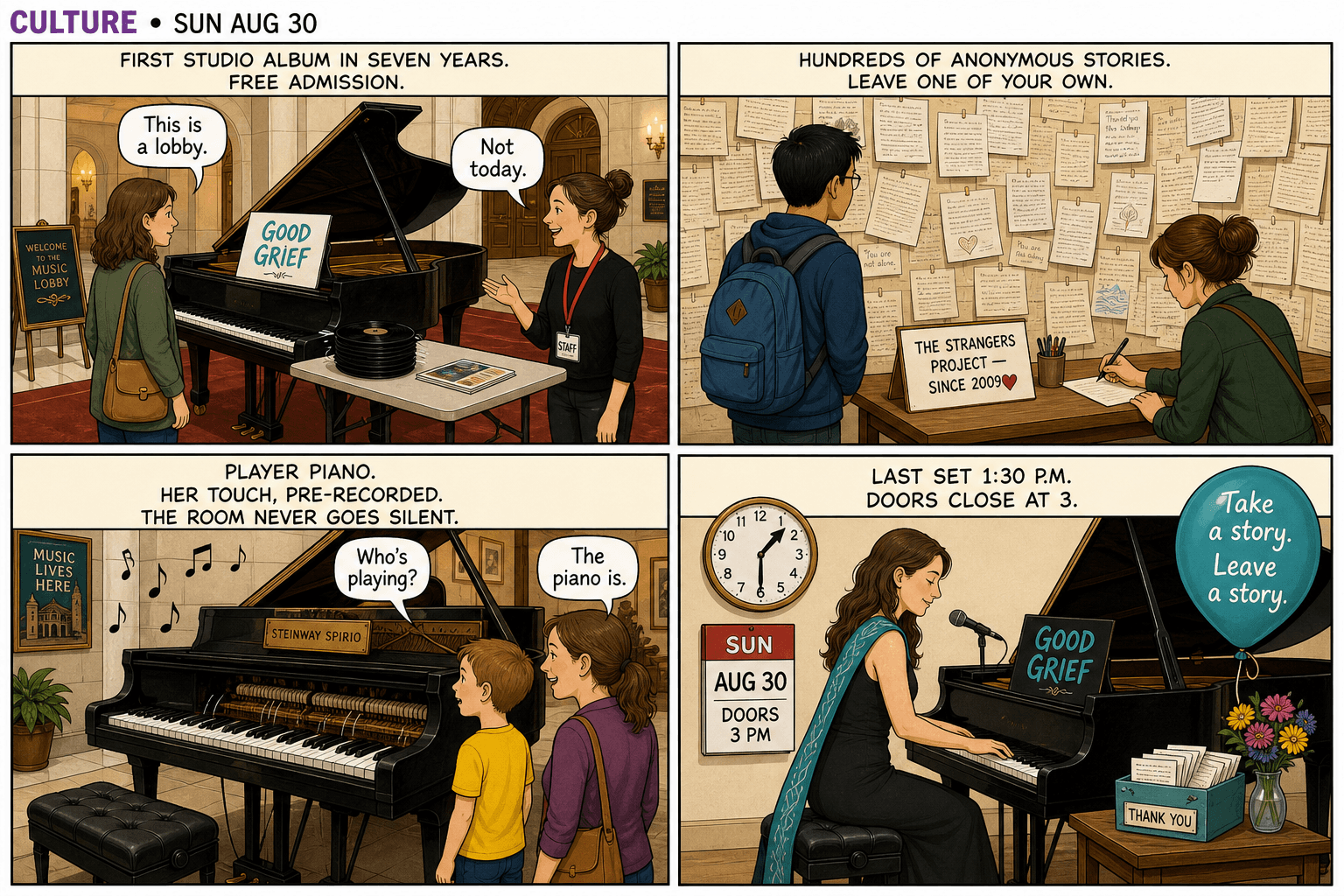 Four-panel culture comic: a Good Grief album on a Steinway in a theater lobby, walls of handwritten stories, a player piano going by itself, Sara Bareilles at the keys on Sunday afternoon.
