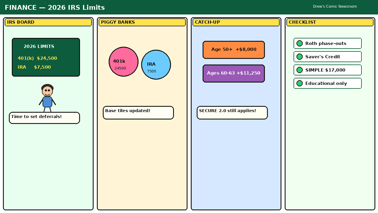 Four-panel full-color finance comic. Panel 1: cartoon office worker pointing at a bright IRS 2026 LIMITS board. Panel 2: colorful piggy banks labeled 401k 24500 and IRA 7500. Panel 3: catch-up badges for age 50+ and ages 60-63. Panel 4: cheerful checklist with Roth and Saver credit tiles.