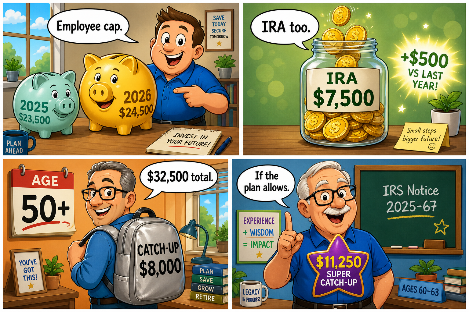 Four-panel full-color educational comic. Panel 1: two cartoon piggy banks labeled 2025 $23,500 and 2026 $24,500. Panel 2: a glass IRA jar filling to $7,500. Panel 3: a worker with an $8,000 catch-up backpack, age 50+. Panel 4: a $11,250 super catch-up star for ages 60 to 63 and a chalkboard reading IRS Notice 2025-67.