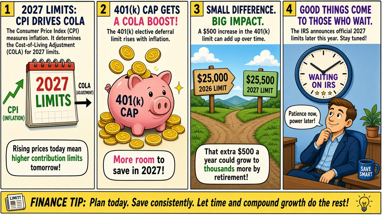 Four-panel full-color finance explainer comic. Panel 1: 2027 limits calendar with CPI to COLA. Panel 2: pink piggy bank labeled 401(k) cap. Panel 3: two paths $25,000 and $25,500. Panel 4: cartoon saver watching a clock for the official IRS notice.