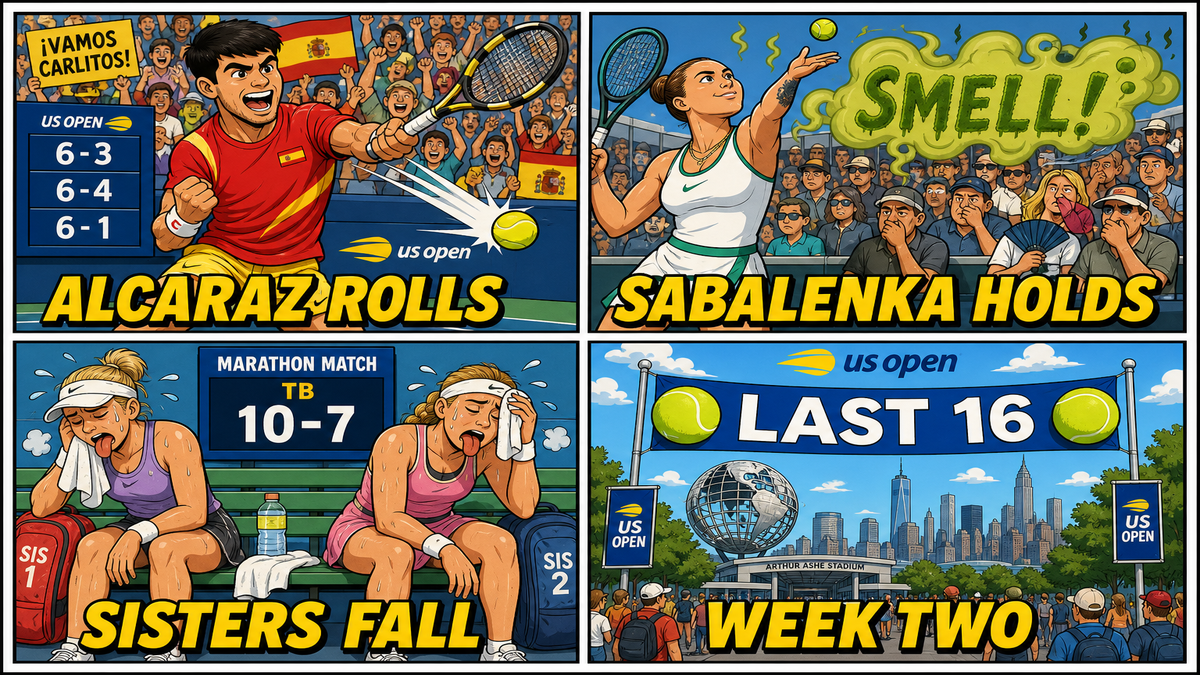 Four-panel full-color tennis comic with cartoon stand-ins, not player portraits. Panel 1: cartoon Spanish champion in bright kit wins in straight sets. Panel 2: cartoon world No. 1 complains about a smell drifting onto court then wins. Panel 3: cartoon sister doubles duo lose a long tiebreak. Panel 4: LAST 16 banner with trophies and sunset stadium.