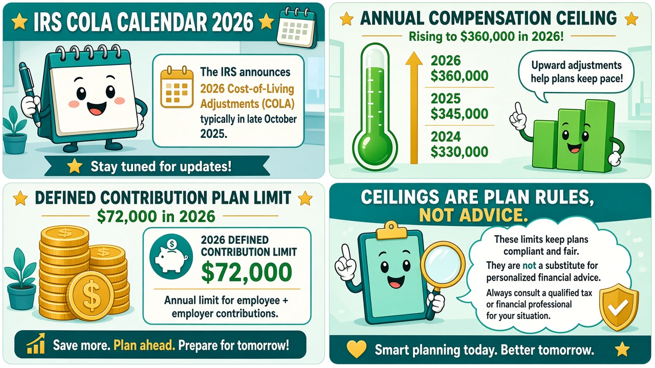 Four-panel full-color educational finance comic. Panel 1: smiling IRS COLA calendar for 2026. Panel 2: annual compensation ceiling rising to $360,000. Panel 3: defined contribution plan limit $72,000 shown as coin stacks. Panel 4: clipboard sticky that ceilings are plan rules, not personalized advice.