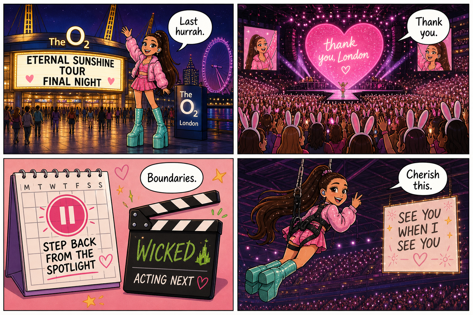 Four-panel full-color pop-concert comic with a cartoon stand-in, not a celebrity portrait. Panel 1: a high-ponytail cartoon singer at London’s O2, last hurrah banner. Panel 2: a giant 200,000 tickets stamp. Panel 3: a theater curtain labeled acting next. Panel 4: a quiet dressing-room with a step back from visibility sign.