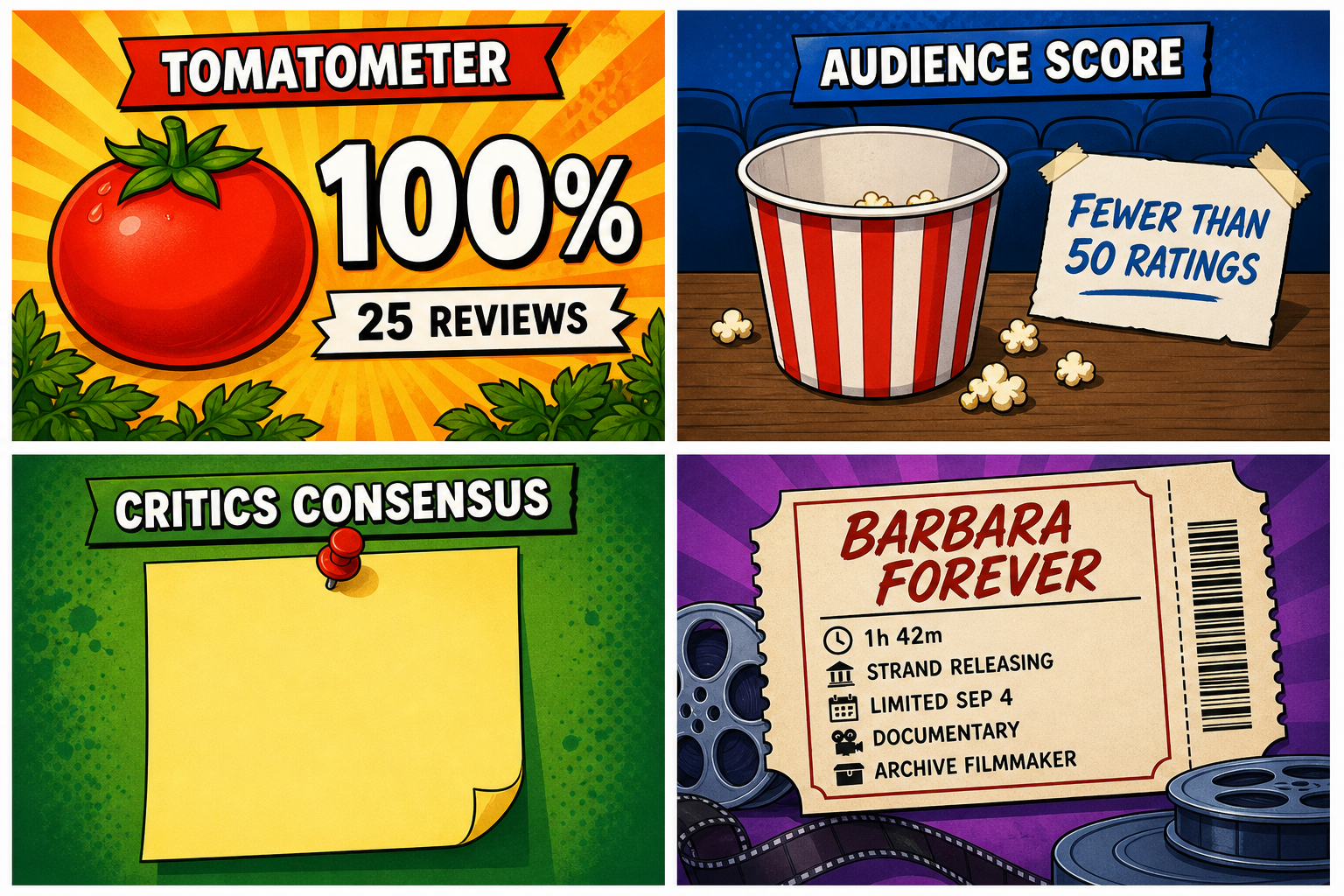 Four-panel full-color movie-score comic. Panel 1: ripe 100% Tomatometer with 25 reviews. Panel 2: popcorn bucket labeled fewer than 50 ratings, no percentage. Panel 3: blank Critics Consensus sticky, none printed yet. Panel 4: ticket Barbara Forever, 1h 42m, Strand Releasing, limited Sep 4, documentary.