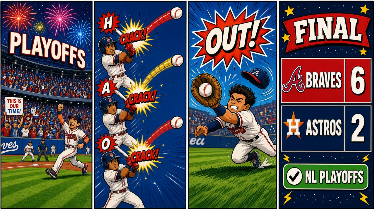 Four-panel full-color sports comic with cartoon ballplayers, not likenesses. Panel 1: PLAYOFFS banner and fireworks. Panel 2: three cartoon home-run arcs labeled Harris Acuna Olson. Panel 3: diving catch ending a rally. Panel 4: FINAL Braves 6 Astros 2 scoreboard.
