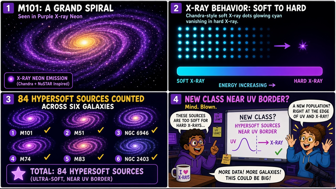 Four-panel full-color science comic. Panel 1: spiral galaxy glowing in purple X-ray neon. Panel 2: soft X-ray cyan dots vanishing toward harder energies. Panel 3: tally of 84 hypersoft sources across six galaxies. Panel 4: cartoon researchers at a whiteboard asking if a new class sits near the UV border.
