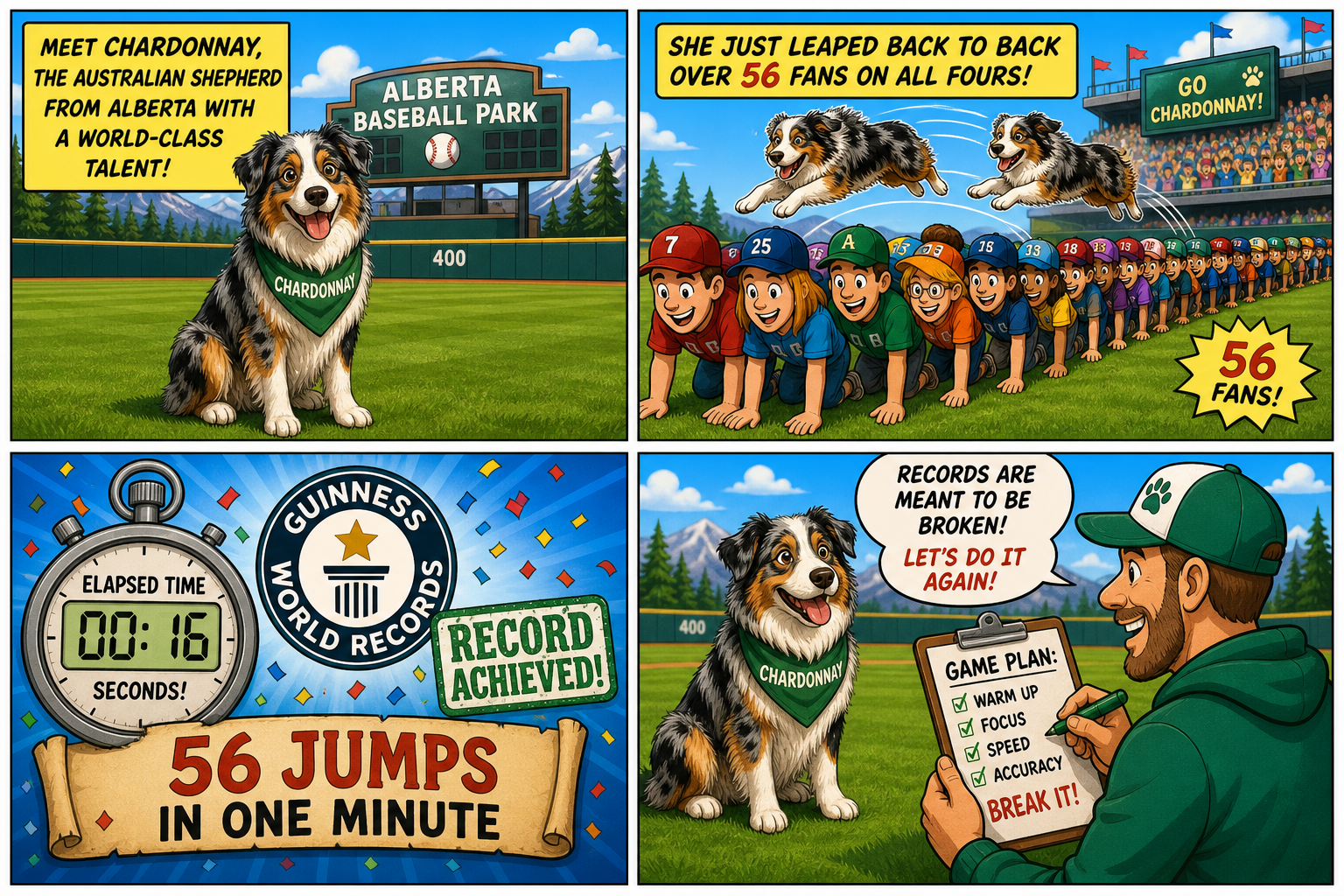 Four-panel full-color humor comic. Panel 1: cute Australian shepherd Chardonnay on a baseball outfield. Panel 2: dog leaping across 56 cartoon fans on all fours. Panel 3: stopwatch 16 seconds and Guinness record stamp. Panel 4: trainer with clipboard, looking at breaking it again.