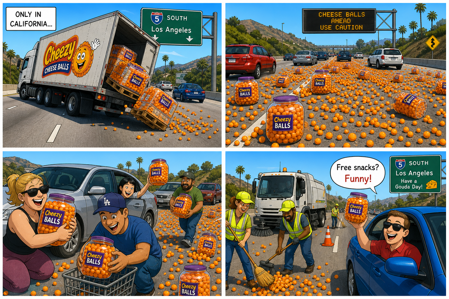 Four-panel full-color humor comic: a cartoon pickup spills tubs of orange cheese balls on the 105 Freeway in Lynwood, westbound lanes turn into a snack blizzard, drivers hop out to grab unbroken tubs while a CHP officer facepalms, then crews sweep the asphalt and traffic rolls again. Original cartoon figures, no brand logos.