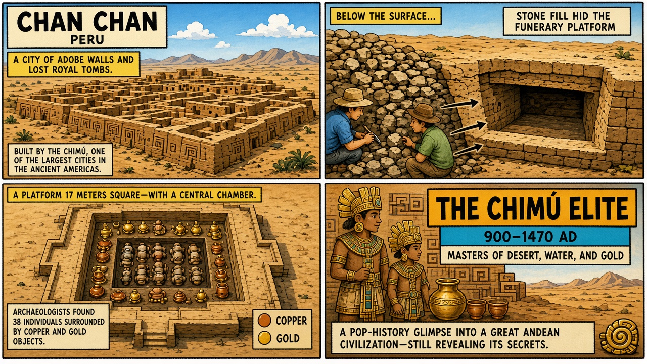Four-panel full-color pop-history comic. Panel 1: adobe walls of Chan Chan citadel on Peru’s northern coast. Panel 2: cutaway of a nearly 17-meter-square funerary platform five meters high at Utzh An. Panel 3: copper and gold objects beside a tally of 38 individuals. Panel 4: map noting only about 7 percent of Chan Chan has been excavated.