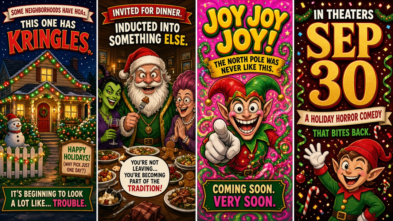 Four-panel full-color humor comic with cartoon stand-ins never celebrity likenesses. Panel 1: cartoon suburban house glowing with year-round Christmas lights next to a plain house. Panel 2: freaky induction dinner table with hypnotic spiral gag. Panel 3: rogue Santa rescue burst. Panel 4: theater marquee reading Christmas at the Kringles October 30 2026 nationwide.
