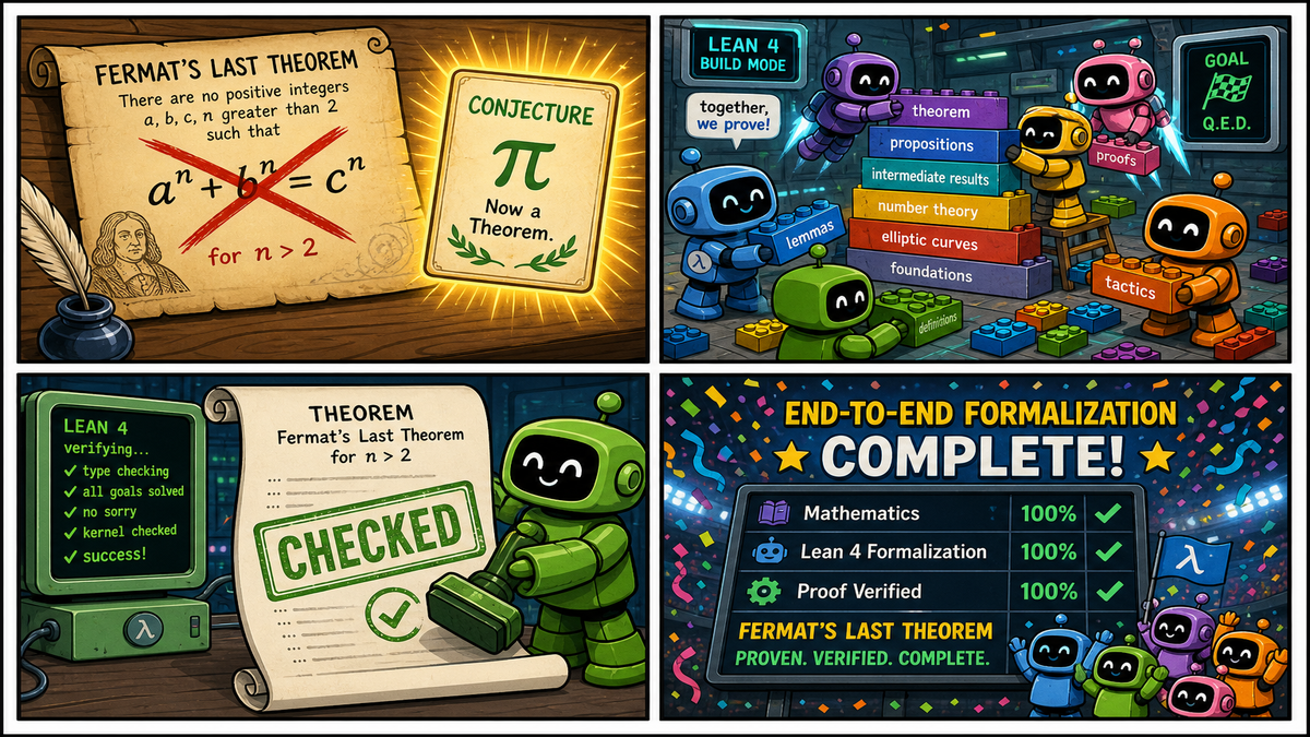 Four-panel full-color AI comic. Panel 1: cartoon parchment with a^n+b^n=c^n crossed out for n>2. Panel 2: colorful agent bots building Lean proof bricks. Panel 3: green computer-checked stamp. Panel 4: 11-day scoreboard with theorem count.