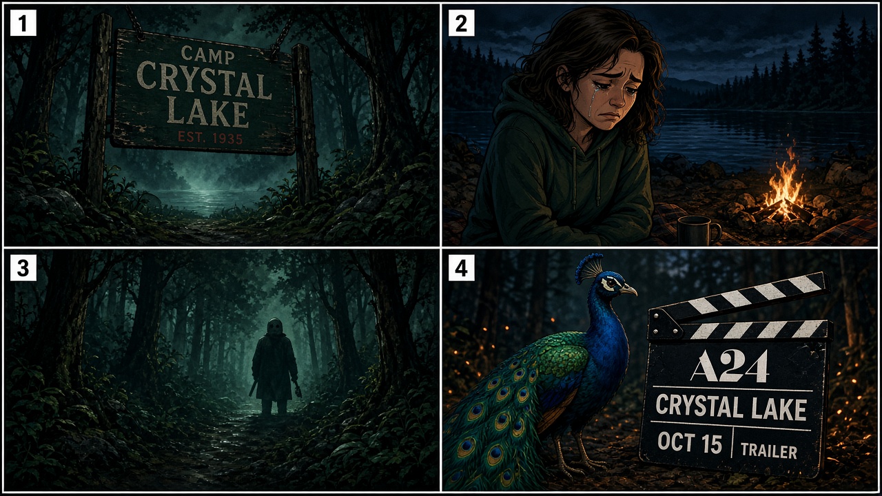 Four-panel full-color culture comic with cartoon stand-ins never celebrity likenesses. Panel 1: misty Crystal Lake summer-camp sign in the woods. Panel 2: cartoon single-mother stand-in at a cabin door. Panel 3: Camp No-Be-Bo-Sco New Jersey location tag. Panel 4: Peacock and A24 Crystal Lake clapperboard reading streams October 15 2026.