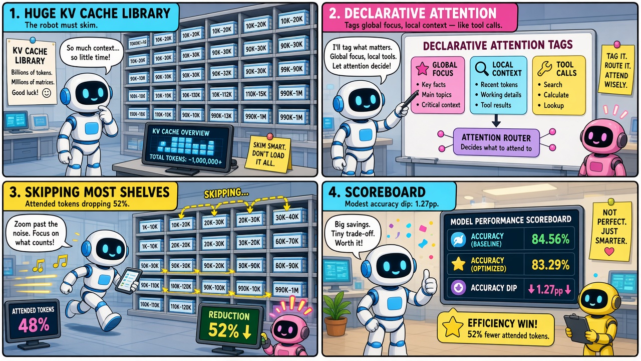 Four-panel full-color AI comic. Panel 1: overwhelmed robot in KV cache library. Panel 2: Declarative Attention tags. Panel 3: skipping shelves, 52% fewer attended tokens. Panel 4: modest 1.27pp accuracy dip scoreboard.