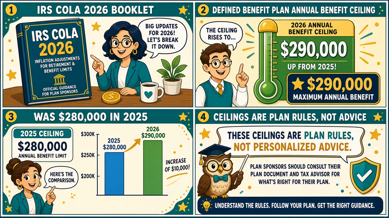 Four-panel full-color educational finance comic. Panel 1: smiling IRS COLA calendar for 2026. Panel 2: defined benefit plan limit rising to $290,000. Panel 3: prior-year chalk marking $280,000 for 2025. Panel 4: clipboard sticky that ceilings are plan rules, not personalized advice.