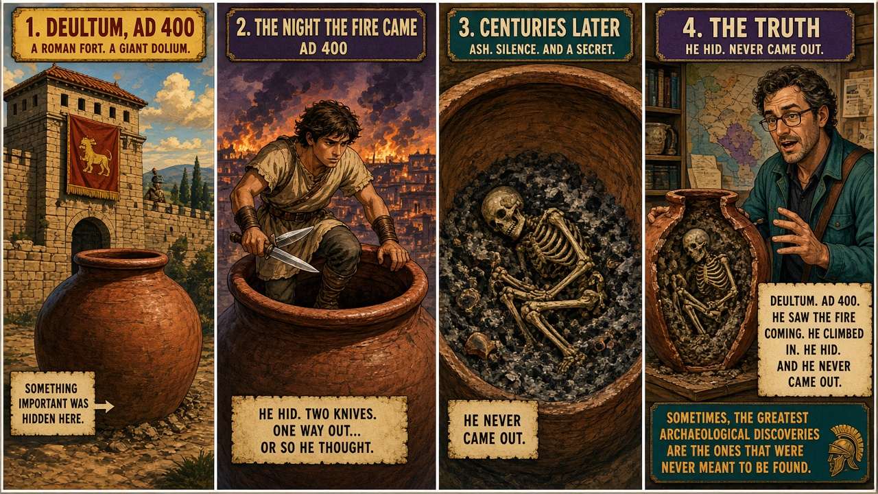 Four-panel full-color pop-history comic. Panel 1: Late Roman turret ruins at Deultum in Bulgaria. Panel 2: cutaway of a giant ceramic dolium with a skeleton inside. Panel 3: ash layer under the remains beside two iron knives. Panel 4: timeline marker around AD 400 with fire evidence icons.